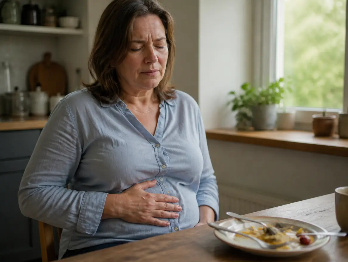 Woman with bloating and discomfort after eating
