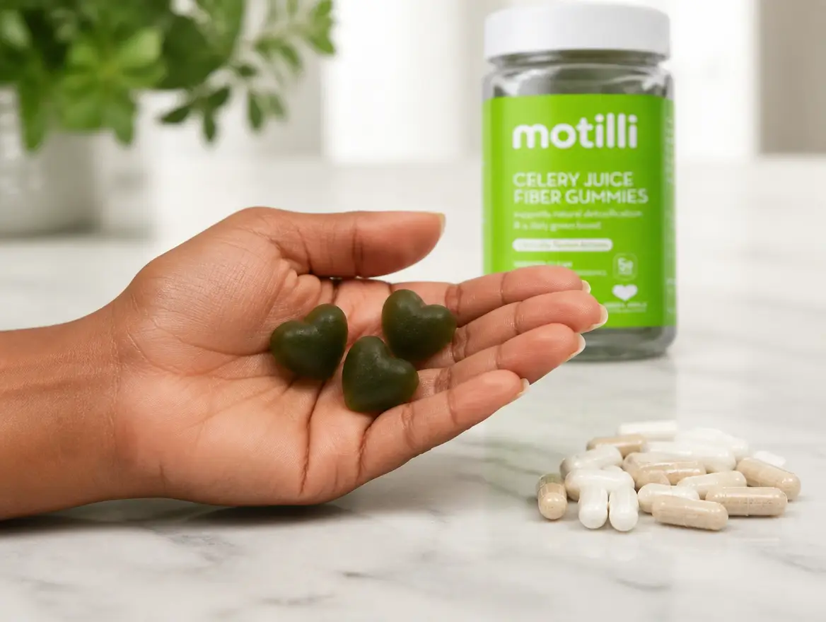 Soft heart-shaped gummies in a palm next to hard-to-swallow capsules