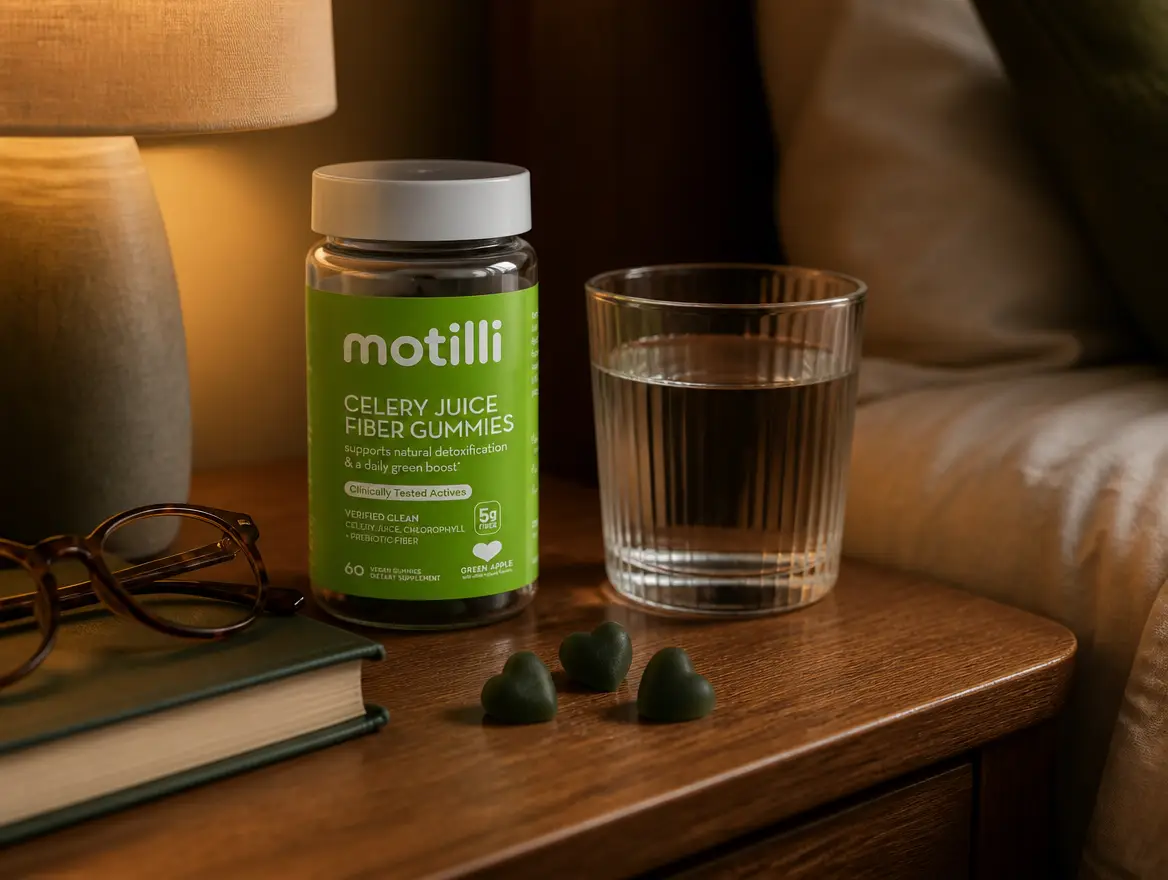 Motilli jar with a glass of water on a bedside table at night