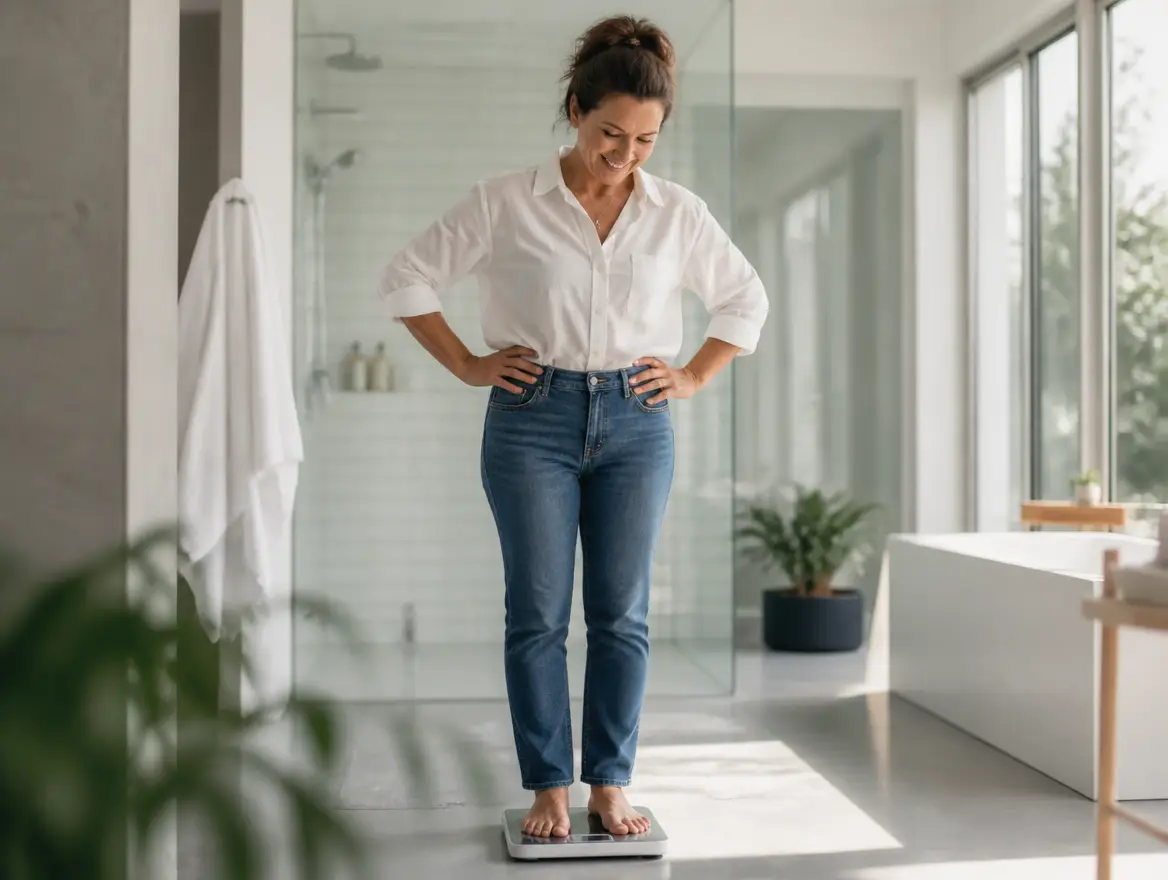 Happy woman checking her progress on a bathroom scale